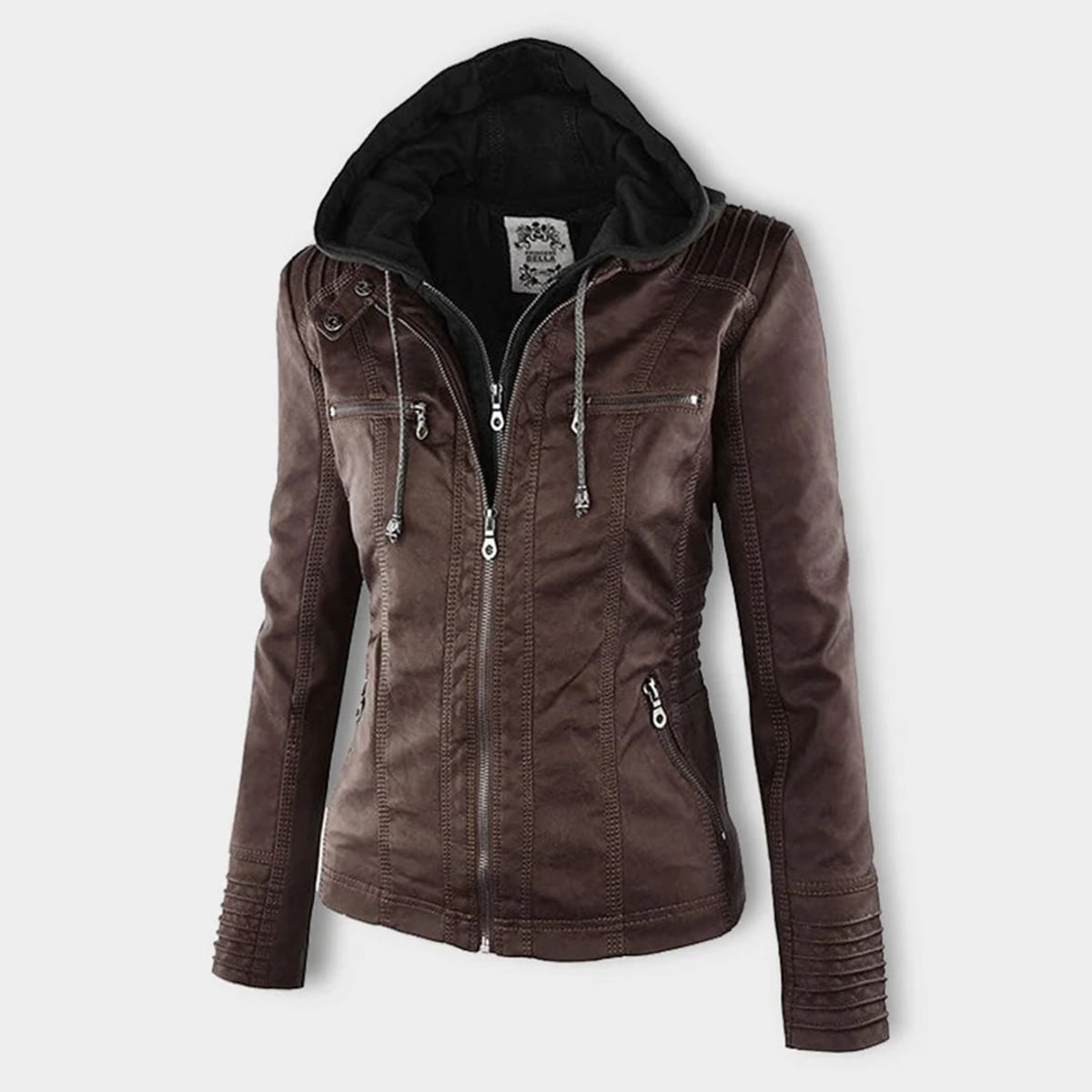 veste courte femme coupe ajustée à capuche en marron