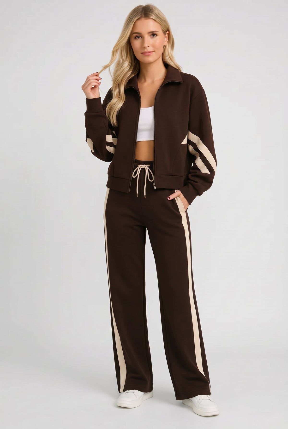 veste de survêtement femme zippée bandes contrastées en marron