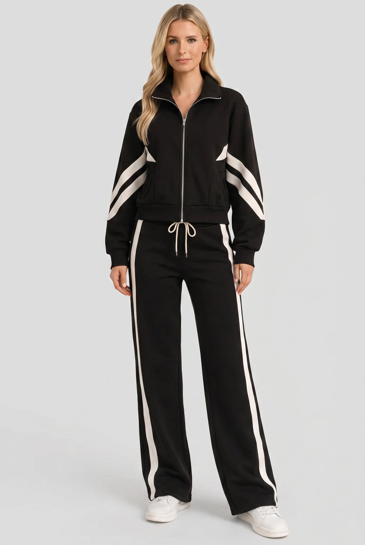 veste de survêtement femme zippée bandes contrastées en noir