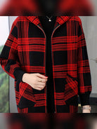 veste femme à capuche zippée carreaux en rouge