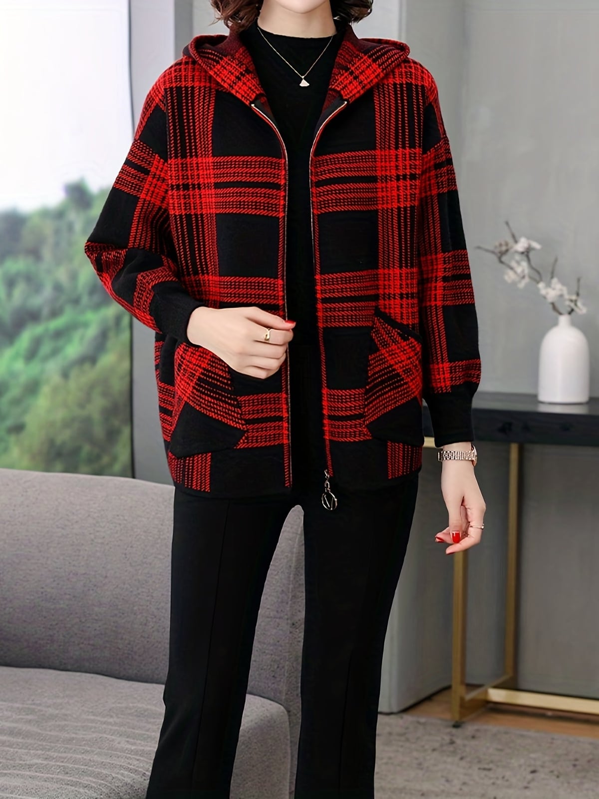 veste femme à capuche zippée carreaux en rouge