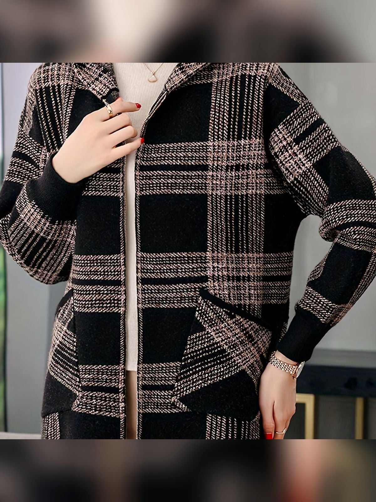 veste femme à capuche zippée carreaux en camel