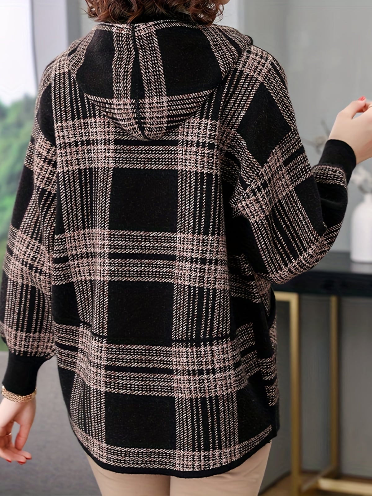 veste femme à capuche zippée carreaux en camel