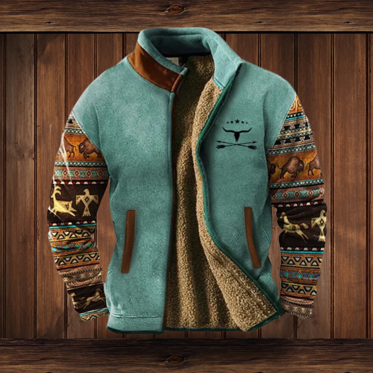 veste femme col montant doublée motif western en bleu marine