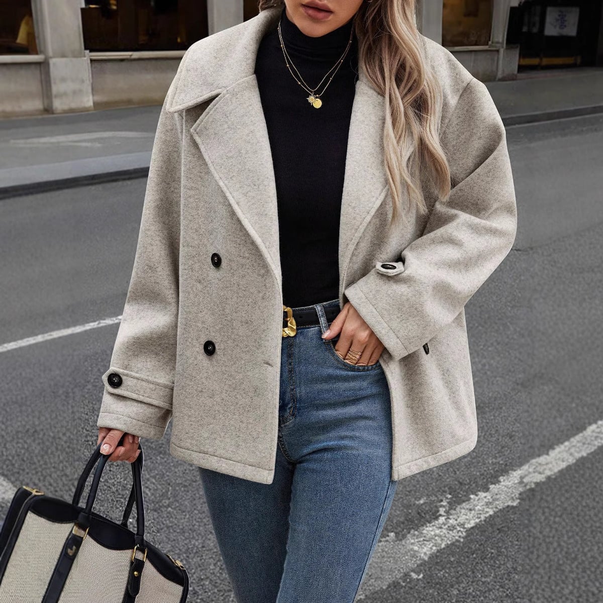 veste femme oversize col à revers boutonnée en gris clair