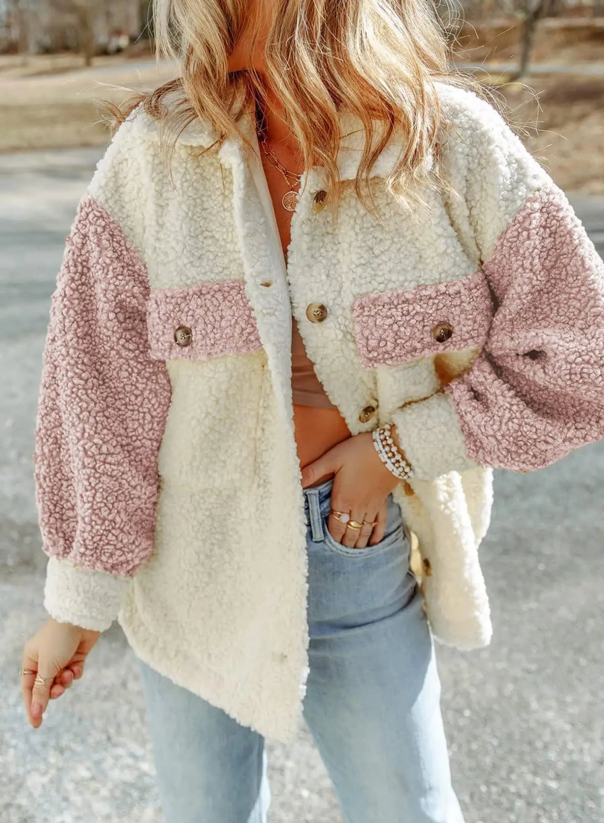 veste femme oversize color block boutonné en rose