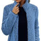 veste femme teddy col montant zippée en bleu