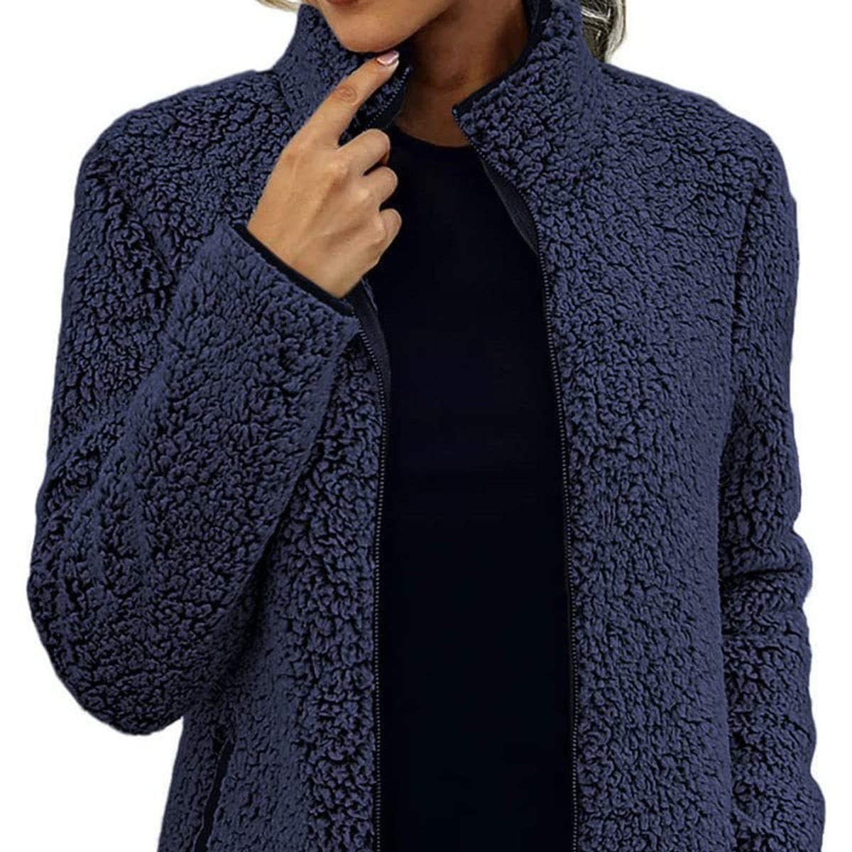 veste femme teddy col montant zippée en bleu marine