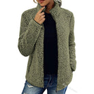 veste femme teddy col montant zippée en vert olive