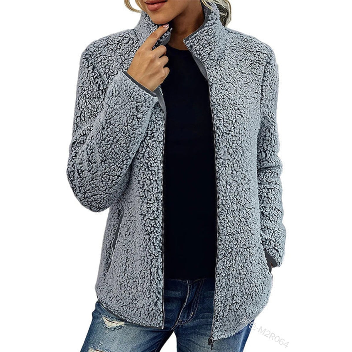 veste femme teddy col montant zippée en gris