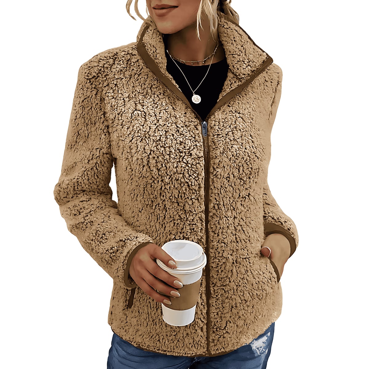 veste femme teddy col montant zippée en kaki