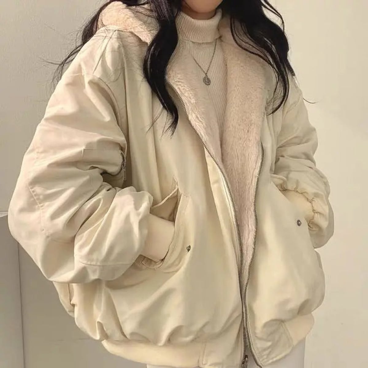 veste hiver femme oversize doublée fourrure en beige