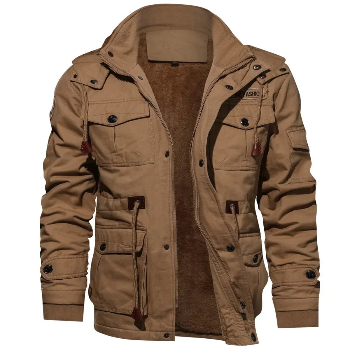 veste homme col montant multi-poches doublée en marron