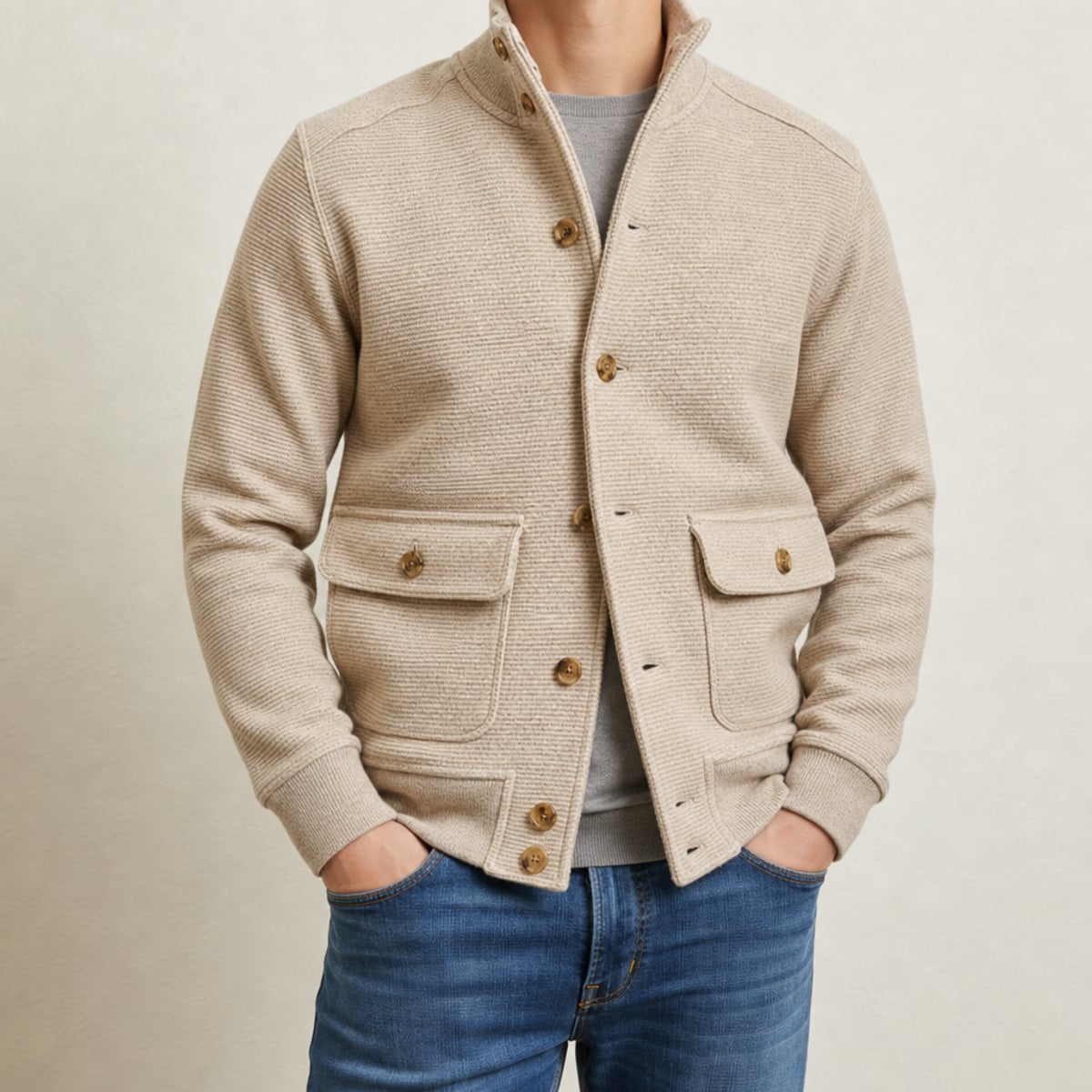 veste homme col montant tricot polyester simple boutonnage en beige
