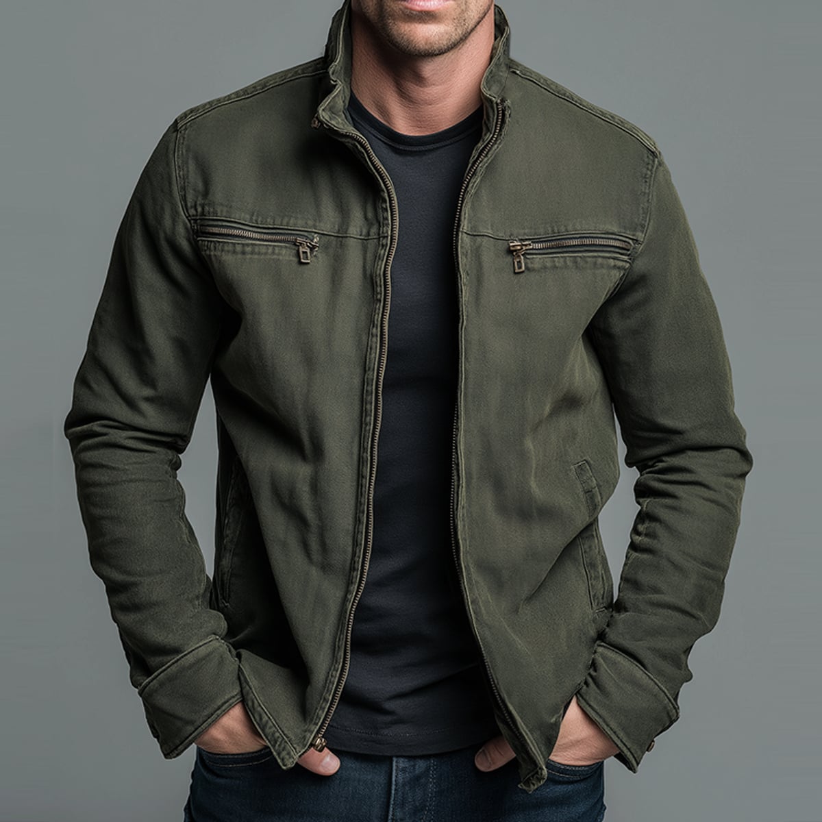 veste homme col montant zip moto en vert militaire