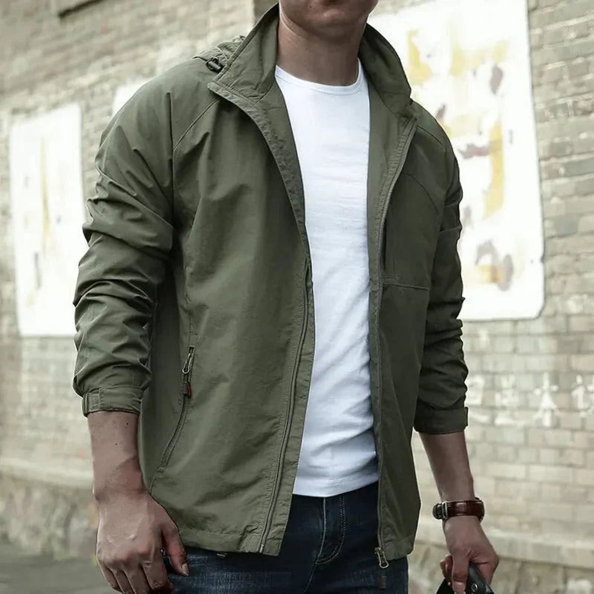 veste homme col montant zippée en vert