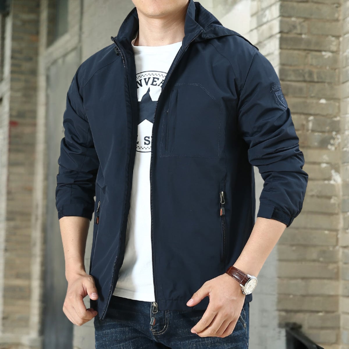 veste homme col montant zippée en bleu marine