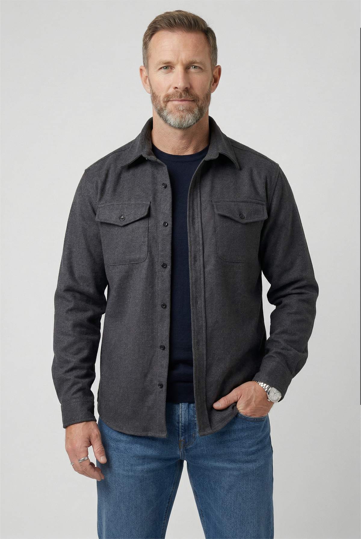 veste homme coupe overshirt col structuré en gris foncé