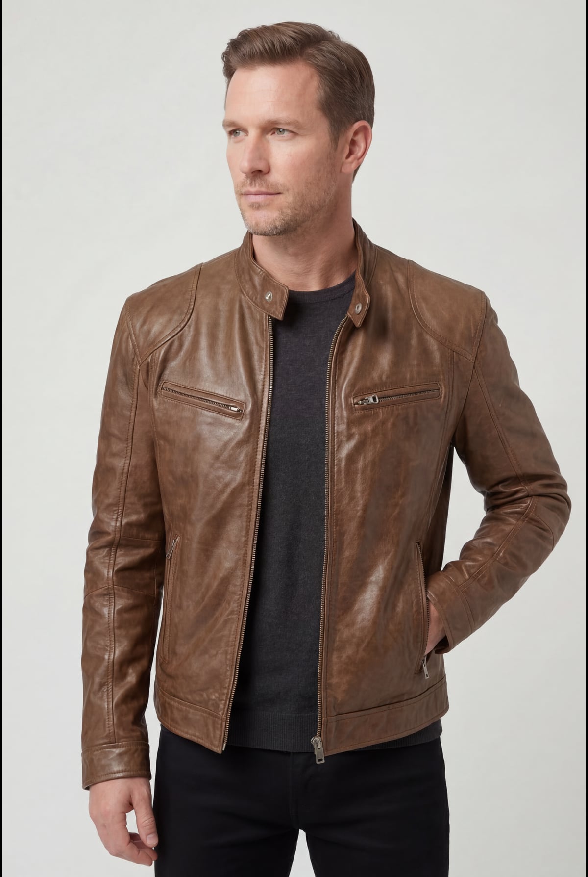 veste homme effet cuir multi-poches zippées en marron