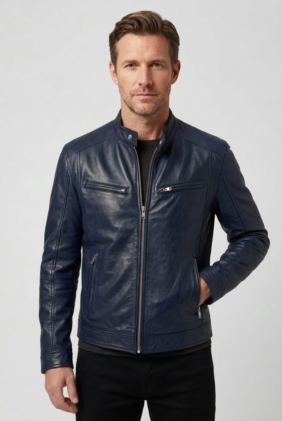 veste homme effet cuir multi-poches zippées en marine