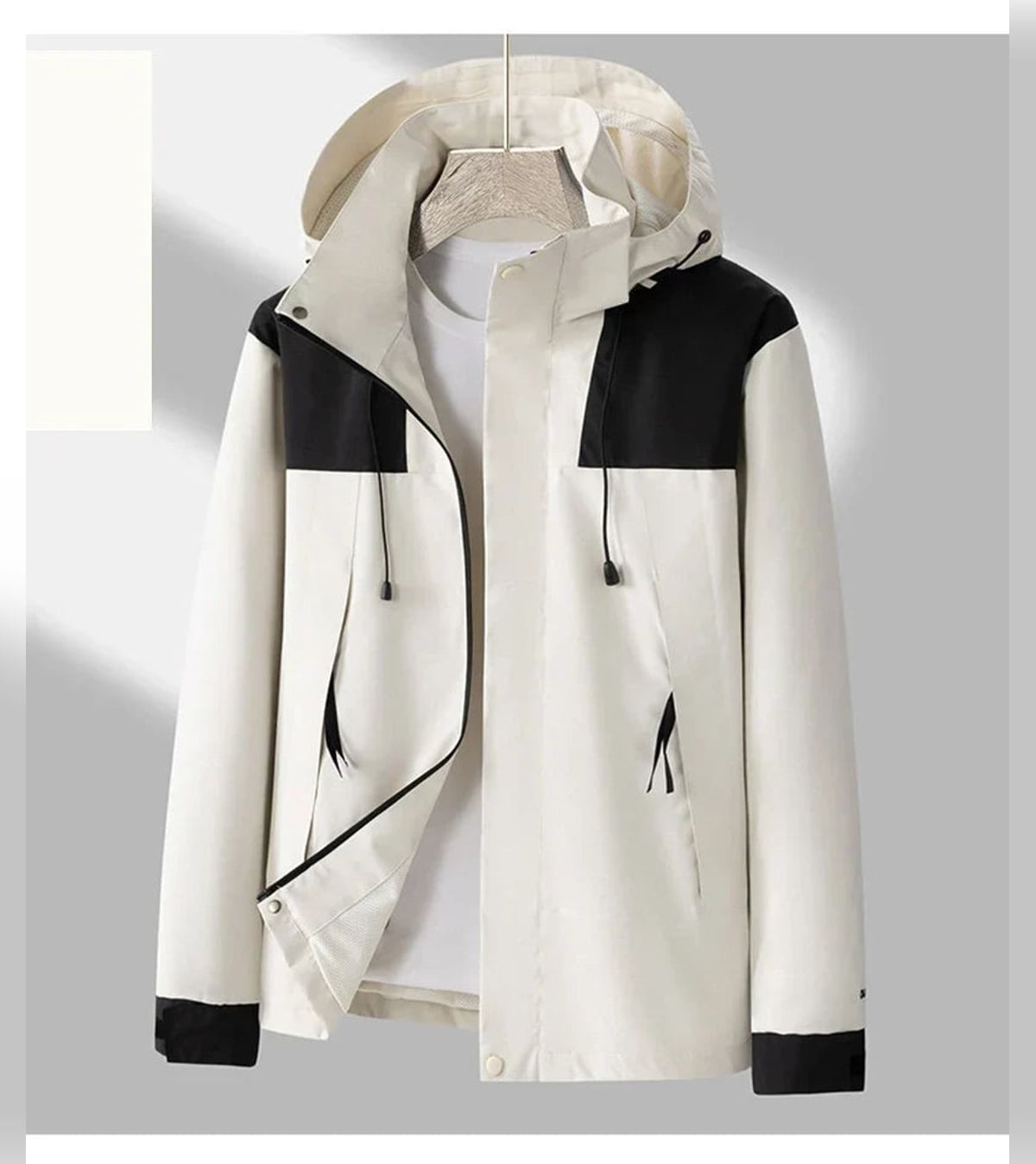 veste homme mi-saison à capuche zippée en blanc cassé