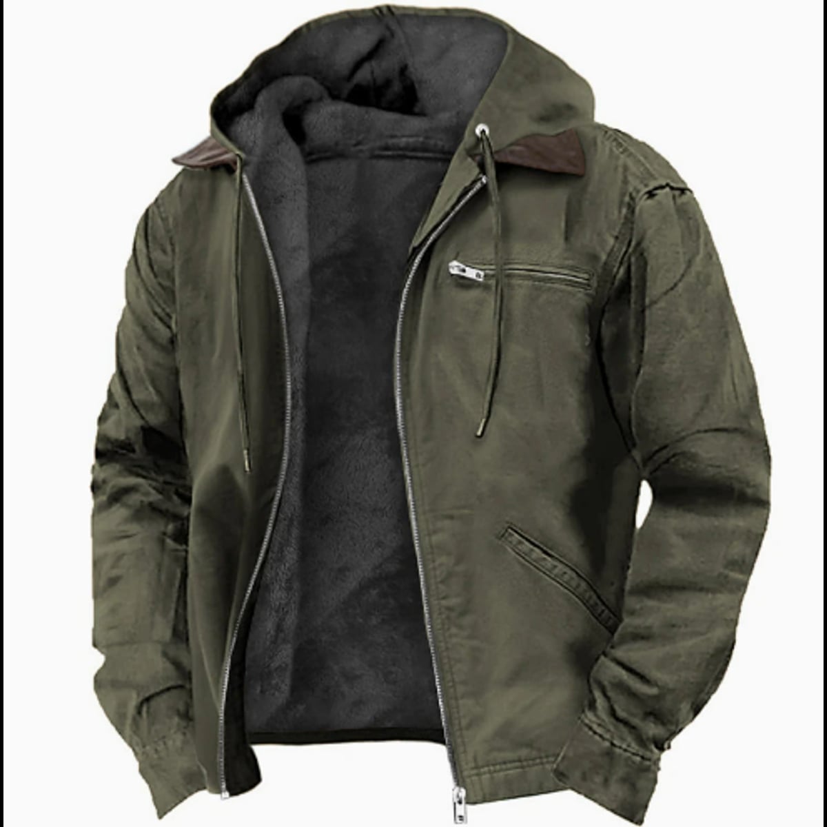 veste homme zippée à capuche doublée en vert militaire