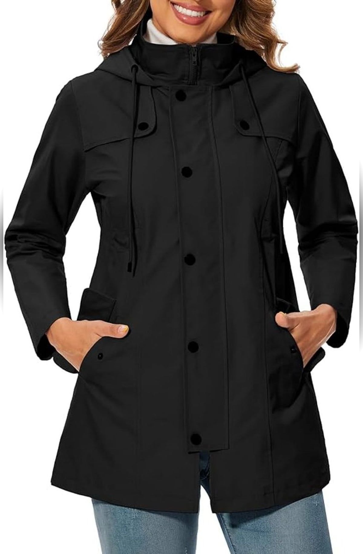 veste imperméable femme à capuche mi-longue en noir
