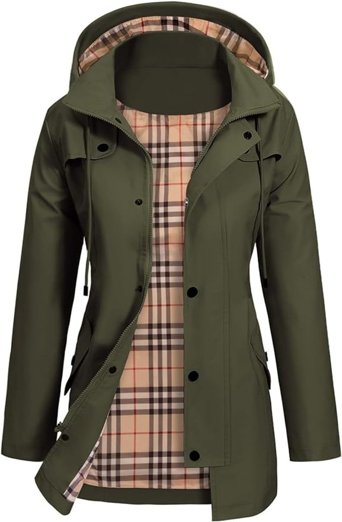 veste imperméable femme à capuche mi-longue en vert olive