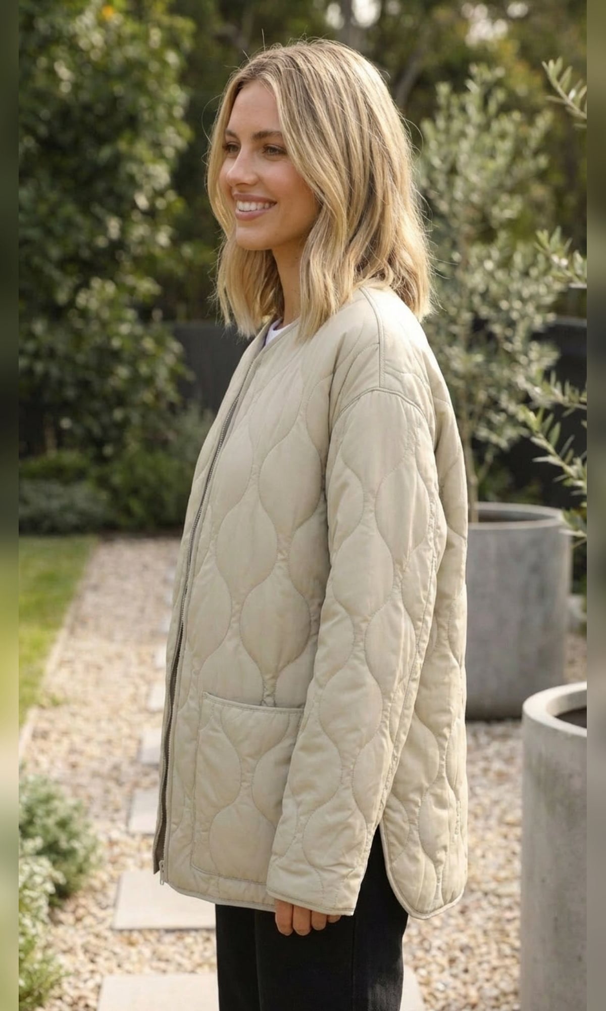 veste matelassée femme oversize col rond en beige